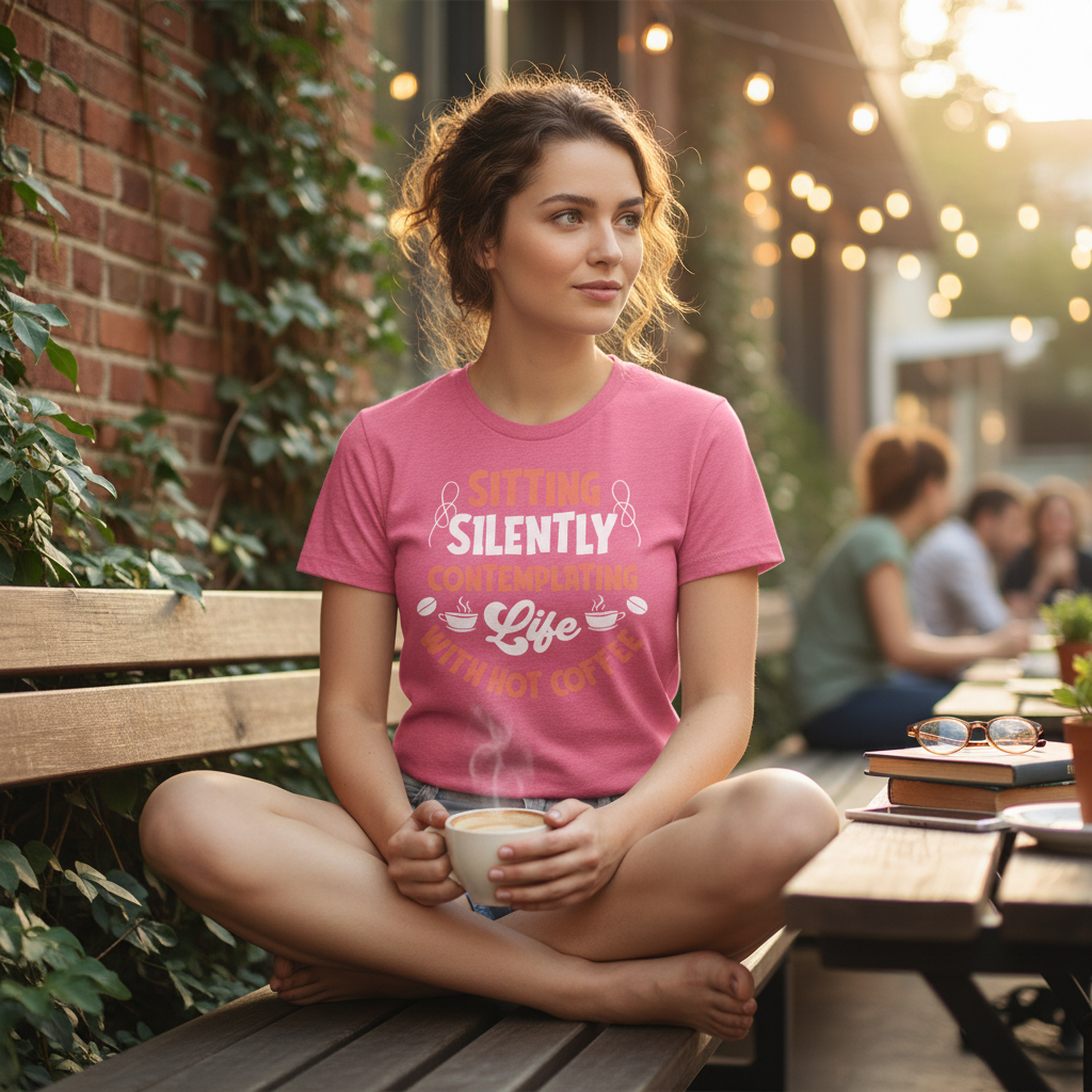 Unisex Coffee Themed T Shirt Featuring Sitting Silently Contemplating Life And Hot Coffee