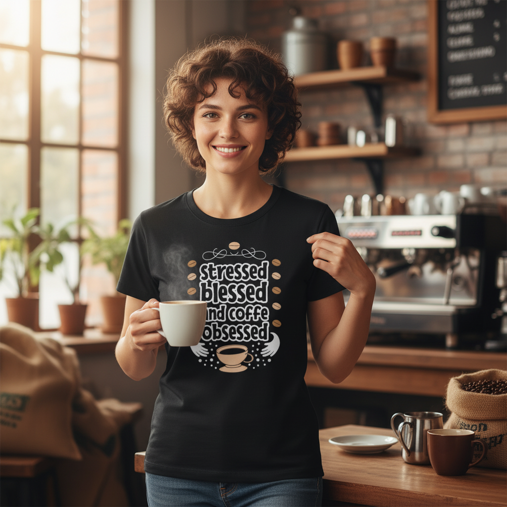 Unisex Coffee Lover T Shirt With Stressed Blessed And Coffee Obsessed Graphic Design