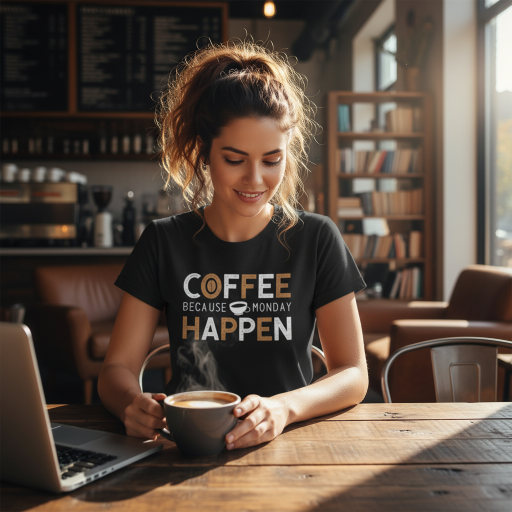 Coffee Unisex T Shirt With Coffee Cup Graphic And The Phrase Coffee Because Monday Happen