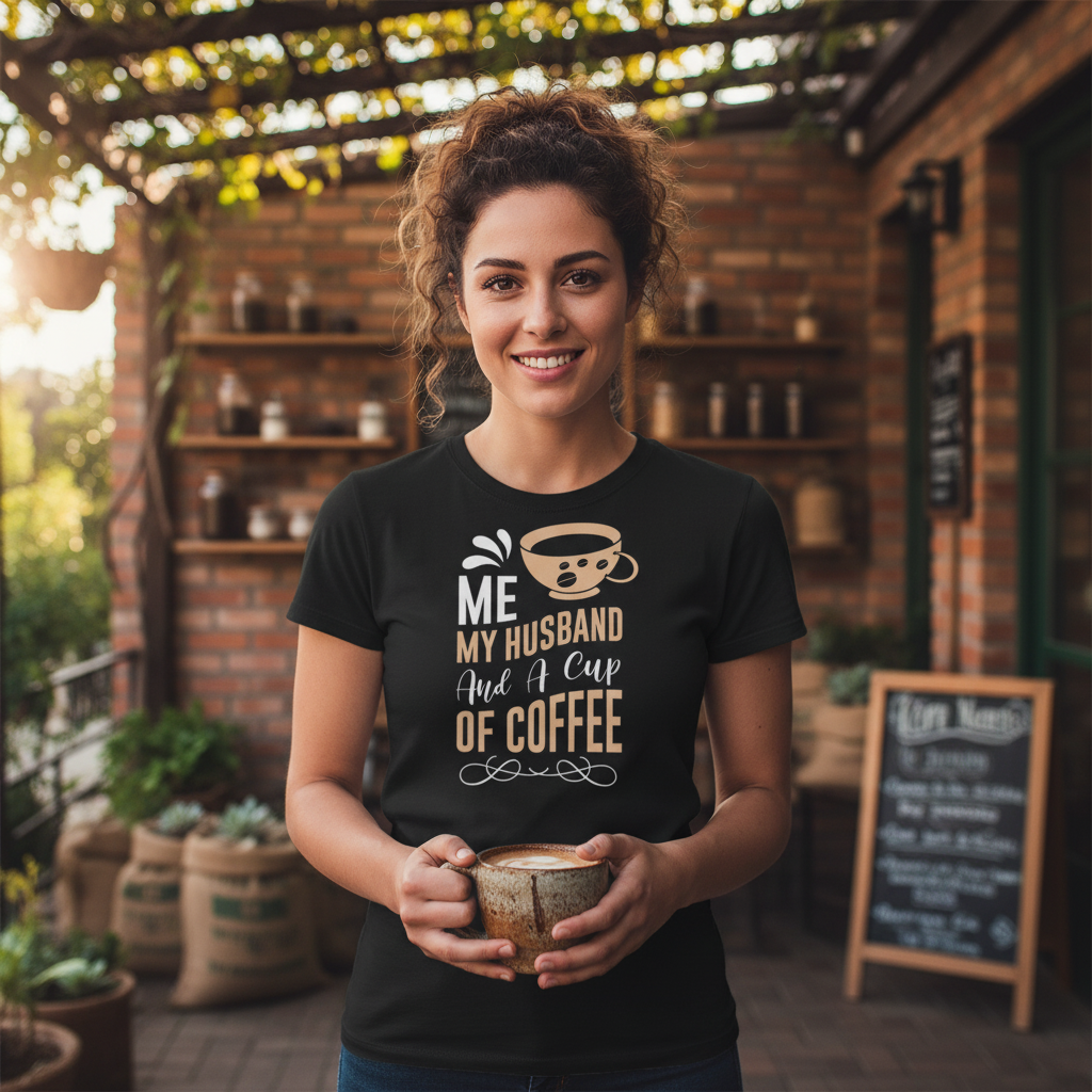 Me My Husband And A Cup Of Coffee Graphic Tee For Couples Unisex T Shirt With Coffee Cup Design