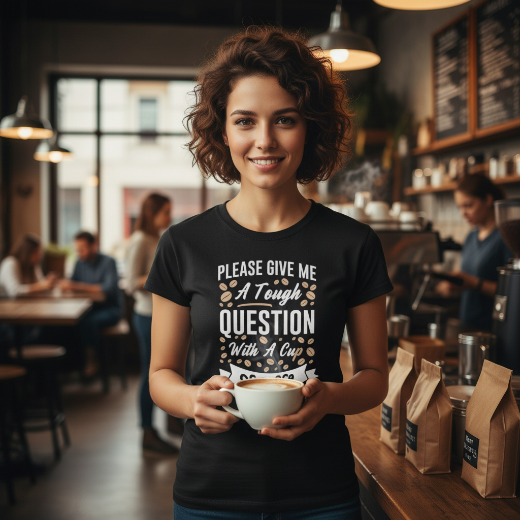 Unisex Coffee Quote T Shirt With Please Give Me A Tough Question And A Cup Of Coffee