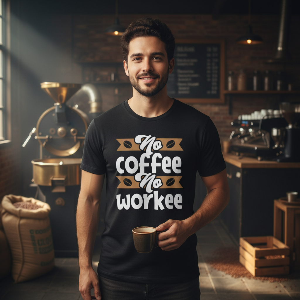 No Coffee No Workee Graphic Tee For Unisex Adults With Coffee Bean Banner Design