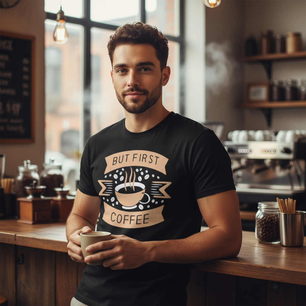 Unisex Coffee Graphic T Shirt Featuring But First Coffee Banner And Steaming Cup Design