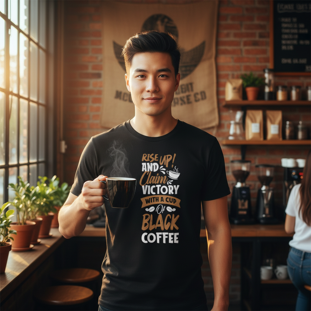 Unisex Coffee Tee With Motivational Quote Rise Up And Claim Victory With A Cup Of Coffee