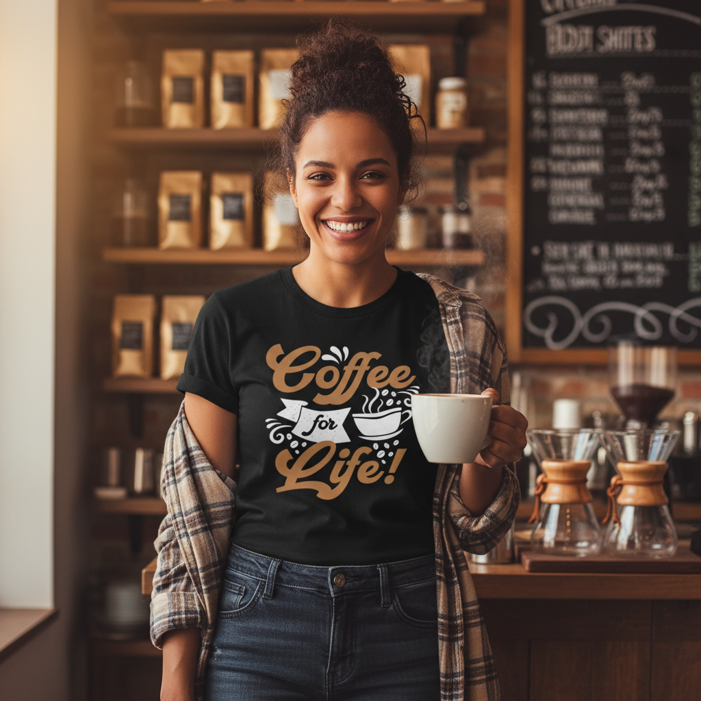 Coffee For Life Unisex Graphic Tee With Coffee Cup Motif Short Sleeve Casual Shirt