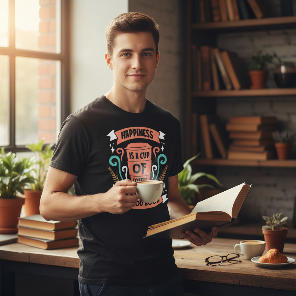 Coffee Cup Graphic Unisex T Shirt With Quote Happiness Is A Cup Of Coffee And A Good Book