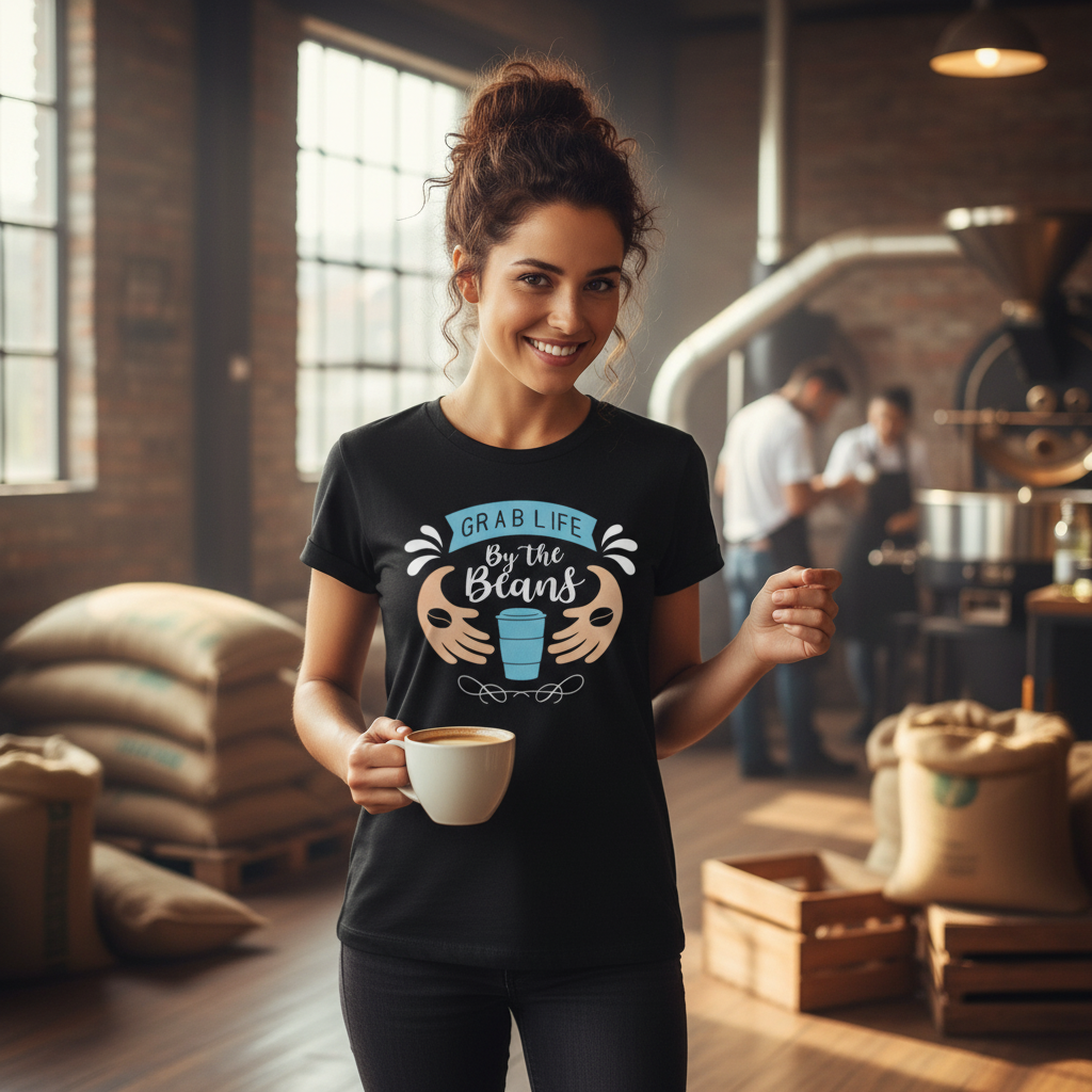 Unisex Coffee Theme Tee Featuring Grab Life By The Beans Illustration With Cup Motif