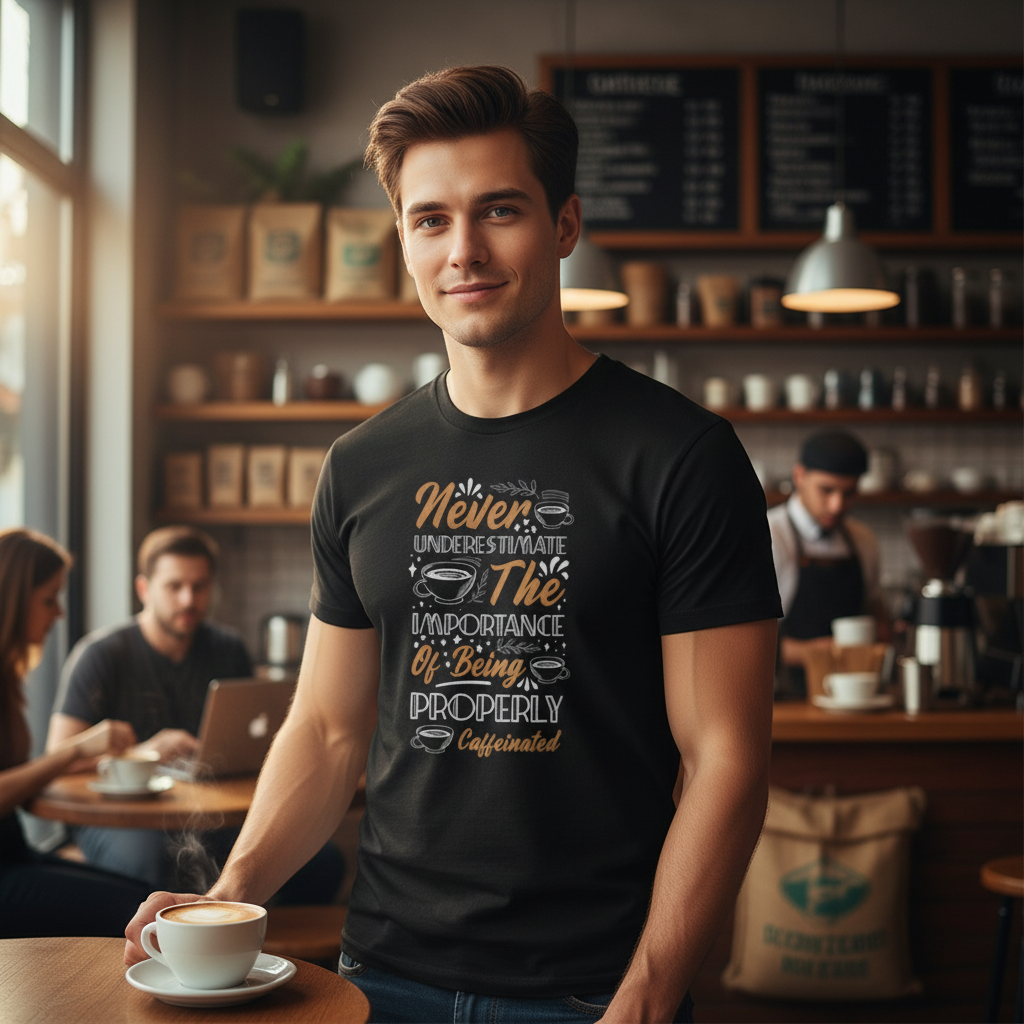 Never Underestimate The Importance Of Being Properly Caffeinated Graphic Tee For Coffee Lovers