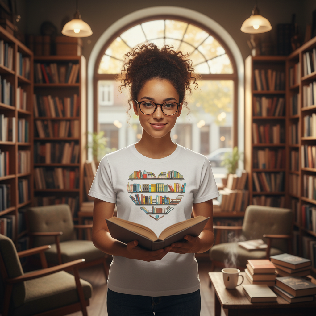 Unisex T Shirt With Heart Shaped Bookshelf Graphic For Book Lovers And Readers Worldwide