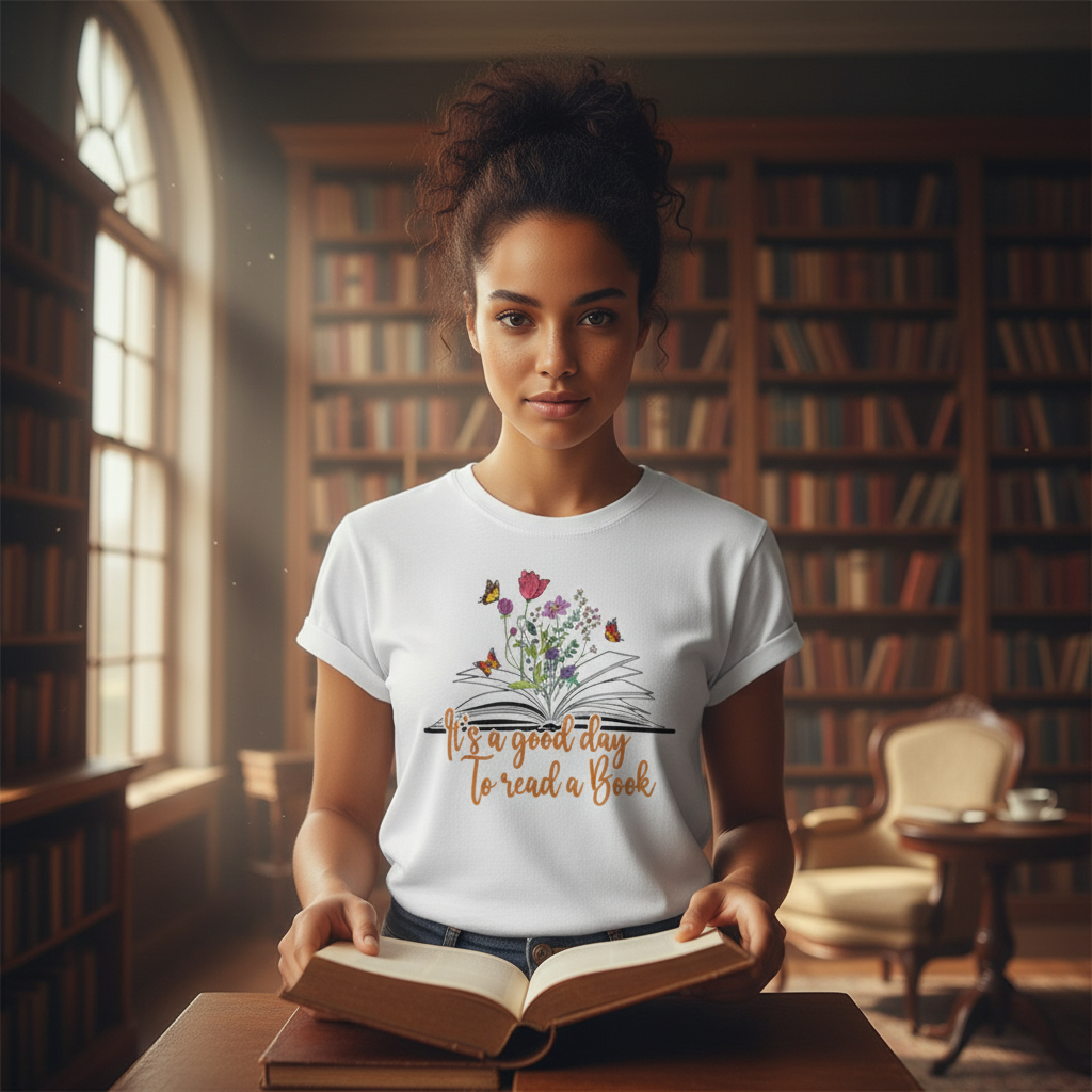 Unisex T Shirt With Floral Open Book Design And The Quote It's A Good Day To Read A Book