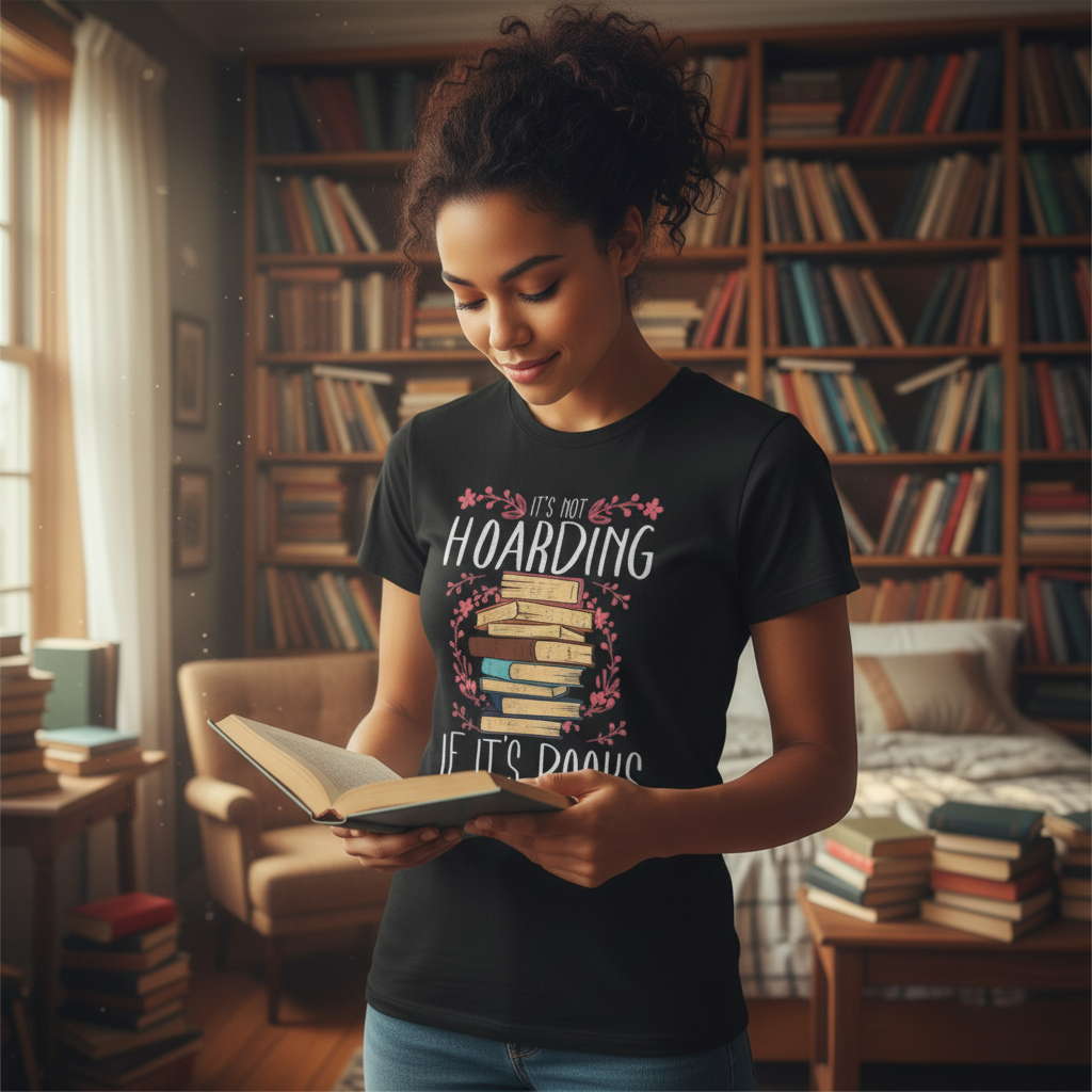 It's Not Hoarding If It's Books Unisex Graphic Tee Illustrated Stacked Book Design