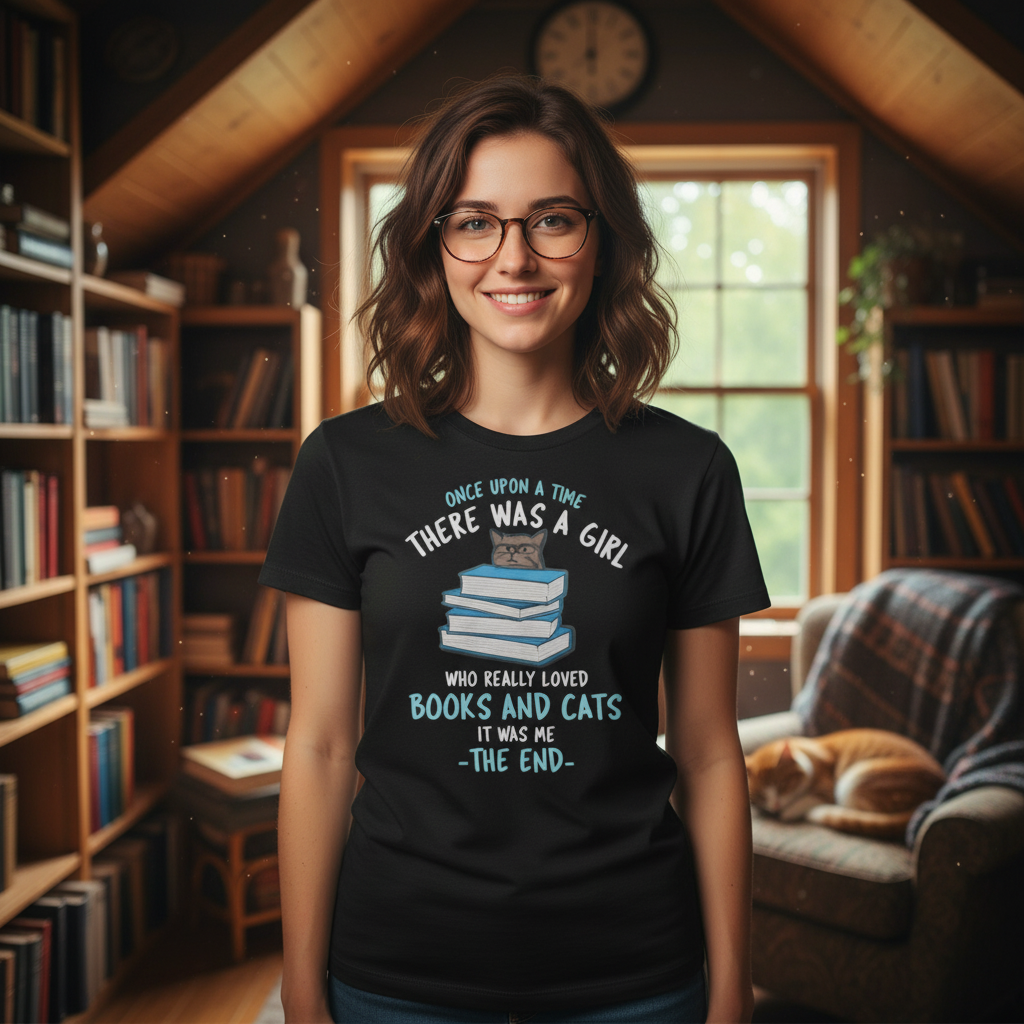 Unisex Graphic Tee With Cat On Stacked Books And Quotes About Books And Cats For Book Lovers