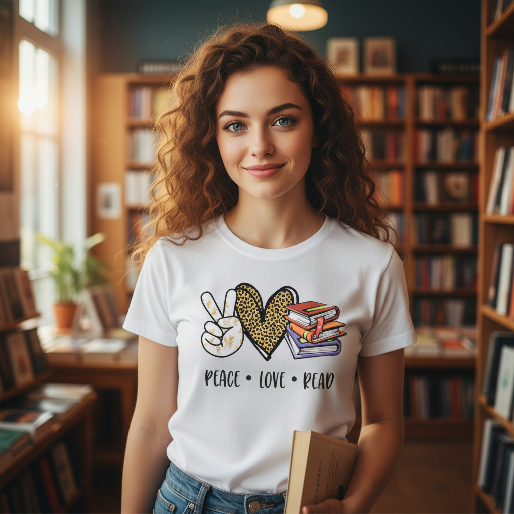 Unisex T Shirt With Peace Love Read Graphic Featuring Peace Sign Leopard Heart And Stack Of Books