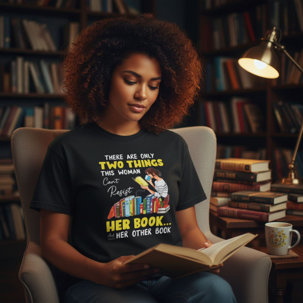 Unisex Graphic Tee With Woman Reading Books And The Quote There Are Only Two Things This Woman Cant Resist Her Book And Her Other Book