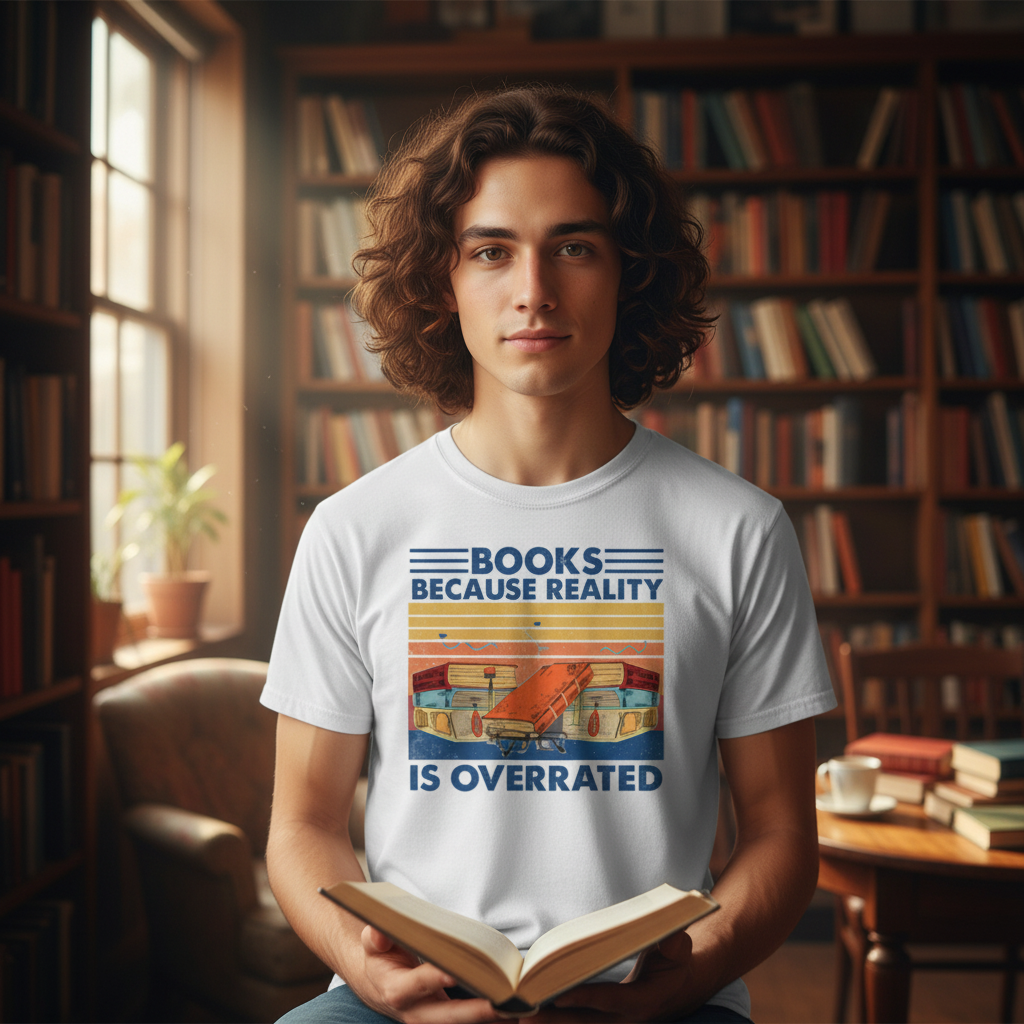 Books Because Reality Is Overrated Vintage Inspired Graphic Tee For Book Lovers Unisex Apparel