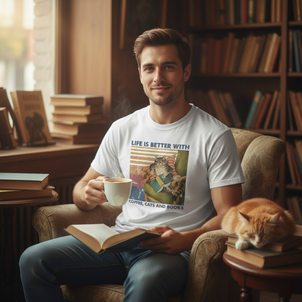 Life Is Better With Coffee Cats And Books Graphic Unisex Tee For Cat Lovers Who Love Reading