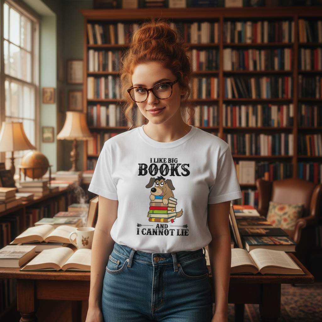 Unisex T Shirt I Like Big Books And I Cannot Lie Cartoon Dog Stacked Books Graphic