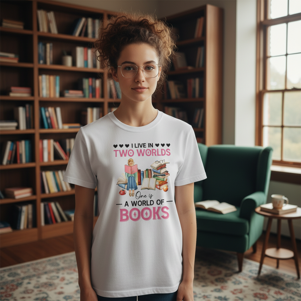 Unisex T Shirt I Live In Two Worlds One Is A World Of Books