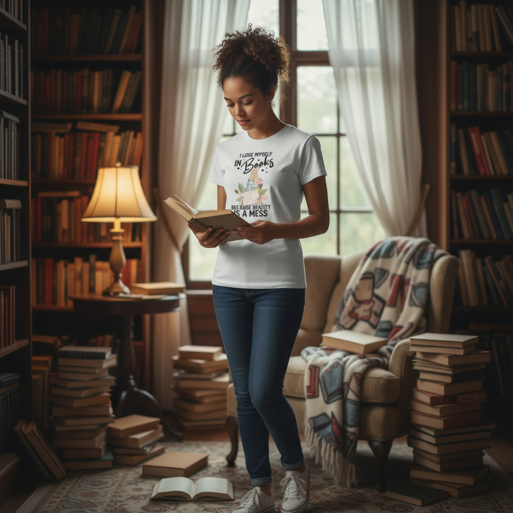 Unisex Book Lover T Shirt With Quote I Lose Myself In Books Because Reality Is A Mess