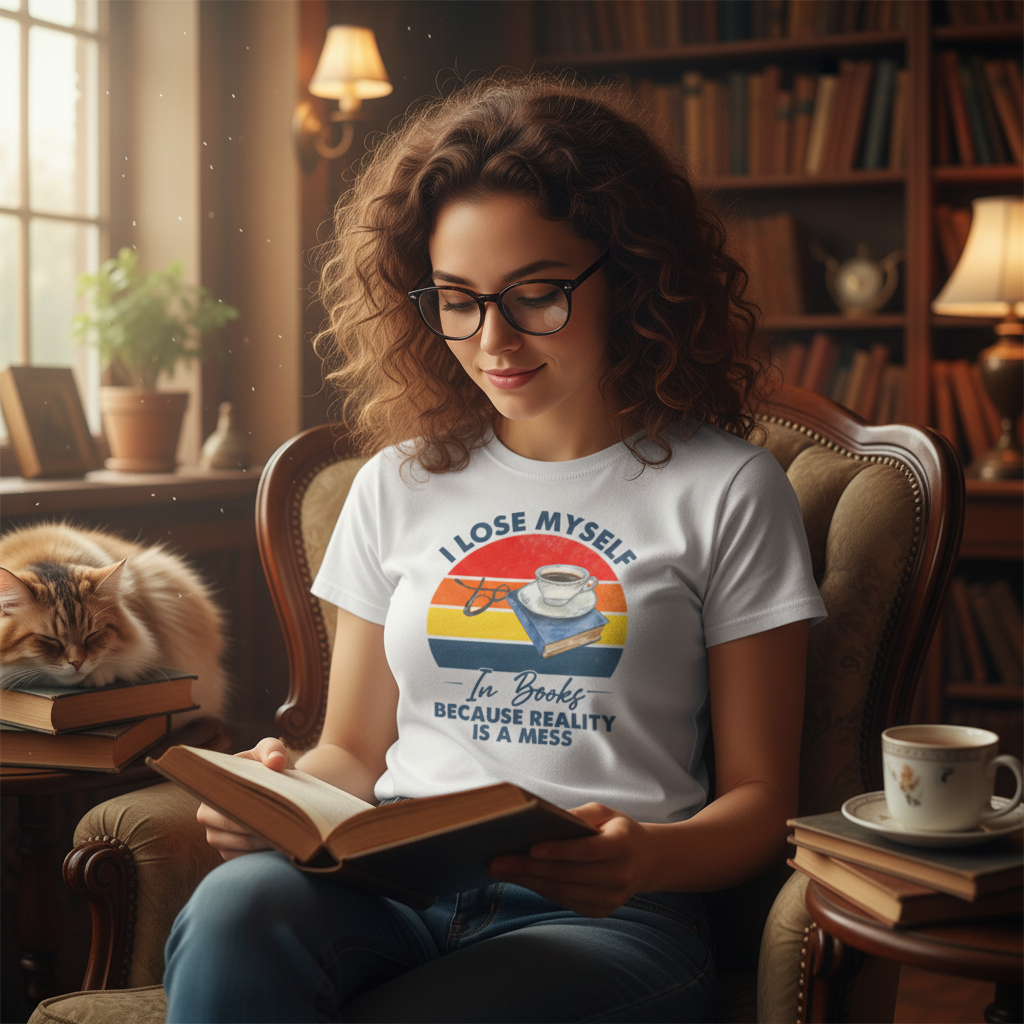 I Lose Myself In Books Graphic Tee Unisex With Coffee Cup Stacked Books And Retro Rainbow Sunset Background