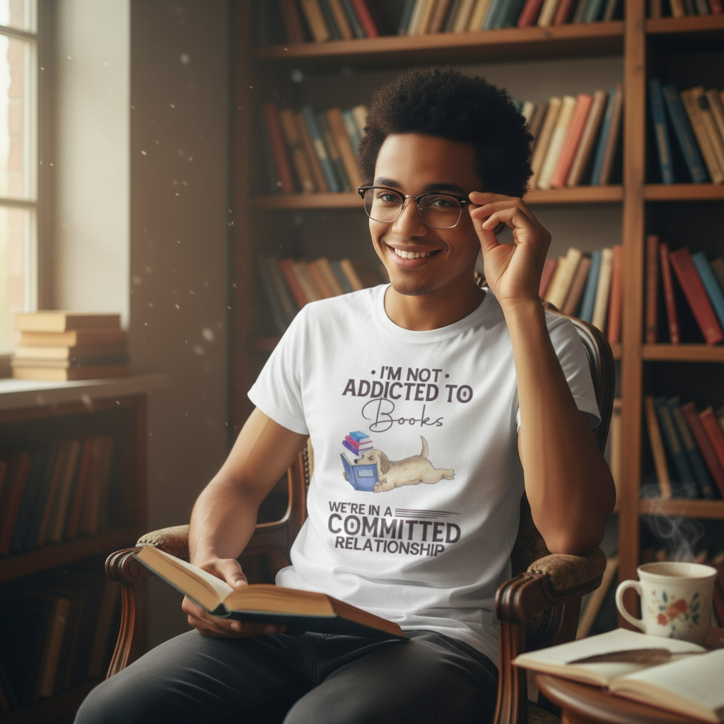 Im Not Addicted To Books Unisex T Shirt With Reading Dog Illustration And Committed Relationship Quote
