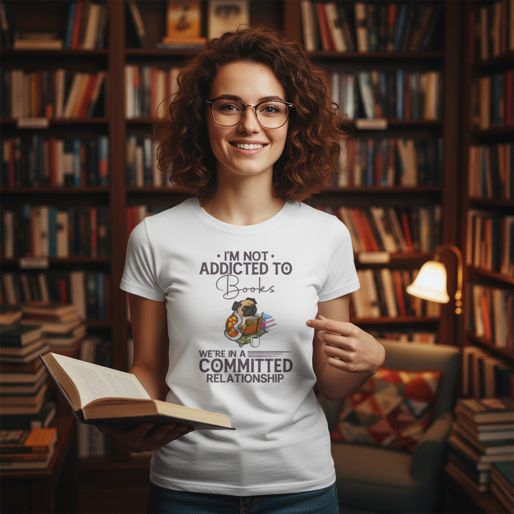 I'm Not Addicted to Books We're in a Committed Relationship Graphic Tee Featuring a Dog Reading Books