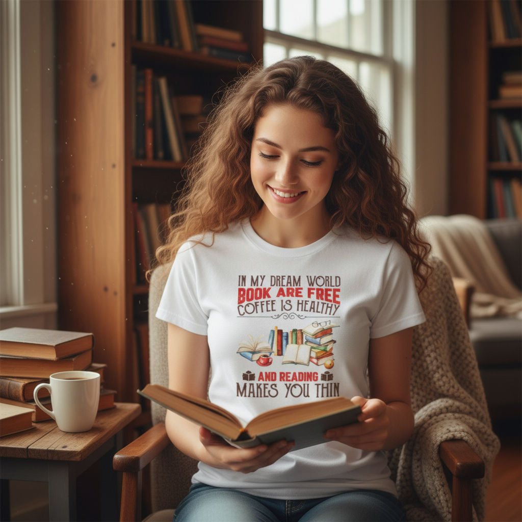 Unisex Graphic T Shirt With Books And Coffee Theme Quote About Reading Makes You Thin