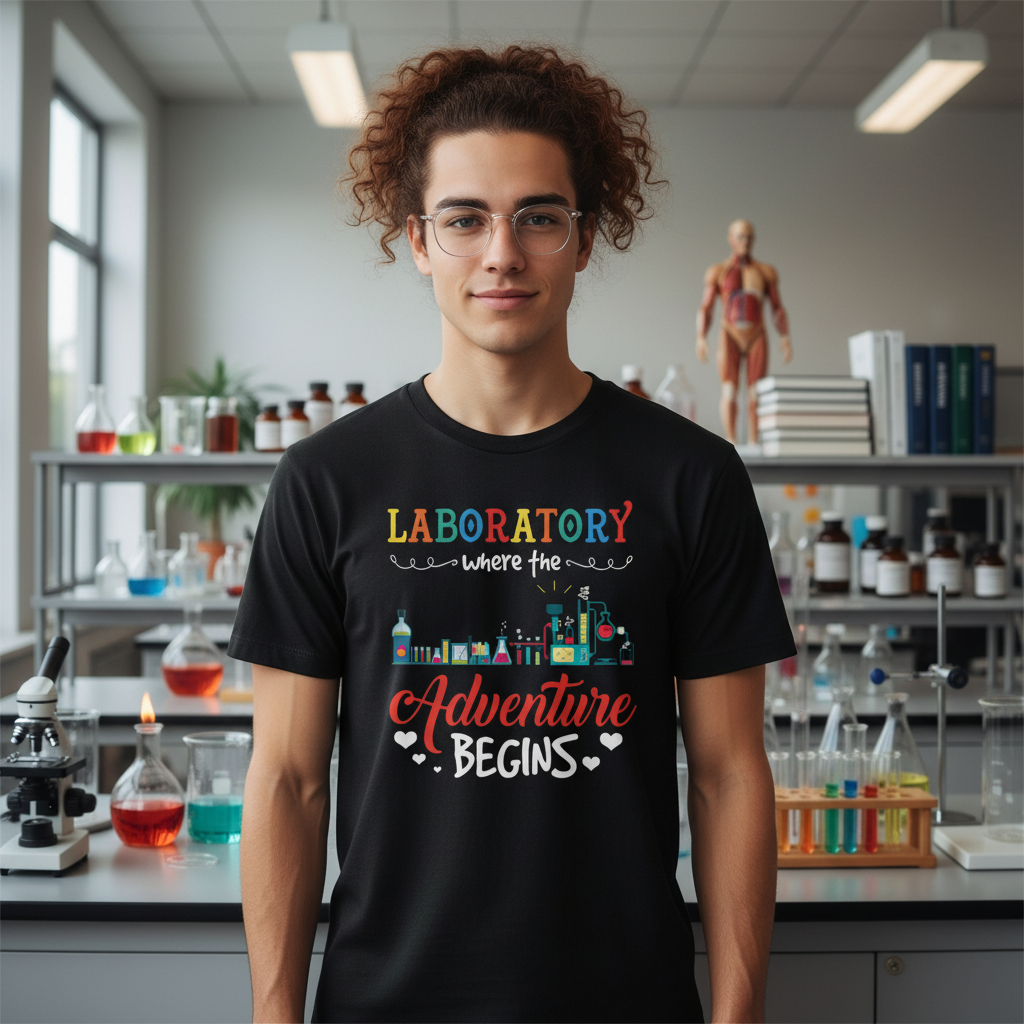 Laboratory Adventure Begins Graphic Tee For Unisex Fit With Colorful Lab Equipment Design