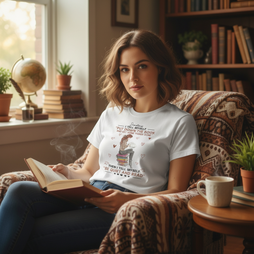 Unisex T Shirt With Reading On Stack Of Books Illustration