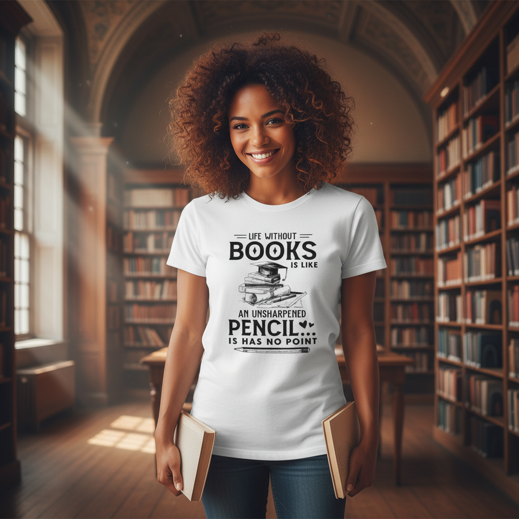 Unisex Graphic T Shirt With Quote Life Without Books Is Like An Unsharpened Pencil Has No Point