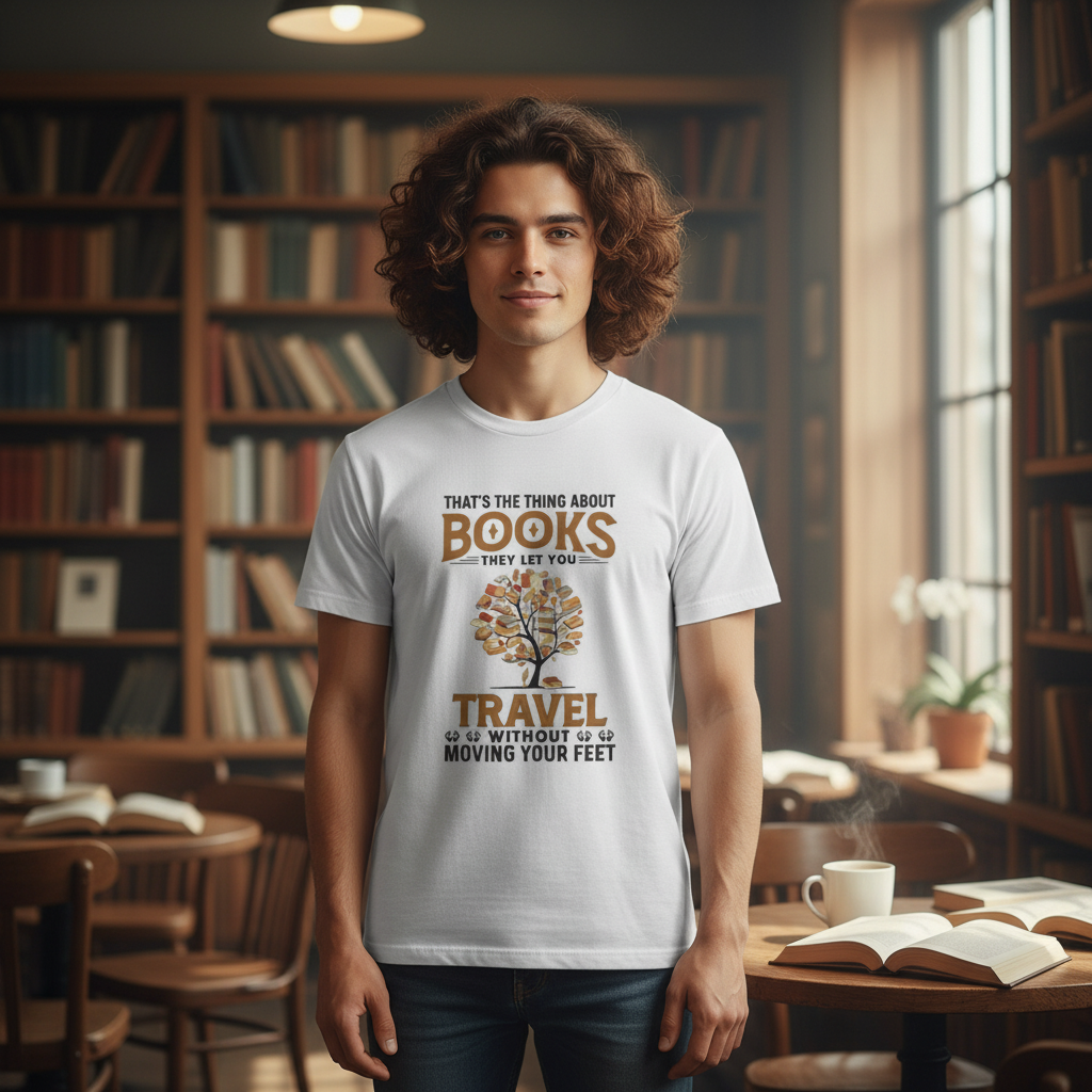 Unisex T Shirt With Books Travel Quote Graphic Featuring A Tree Of Books Design Artwork