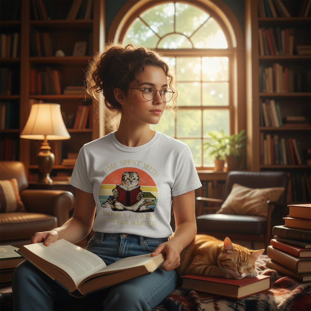 Unisex T Shirt Time Spent With Books And Cats Is Never Wasted Casual Graphic Tee For Book Lovers
