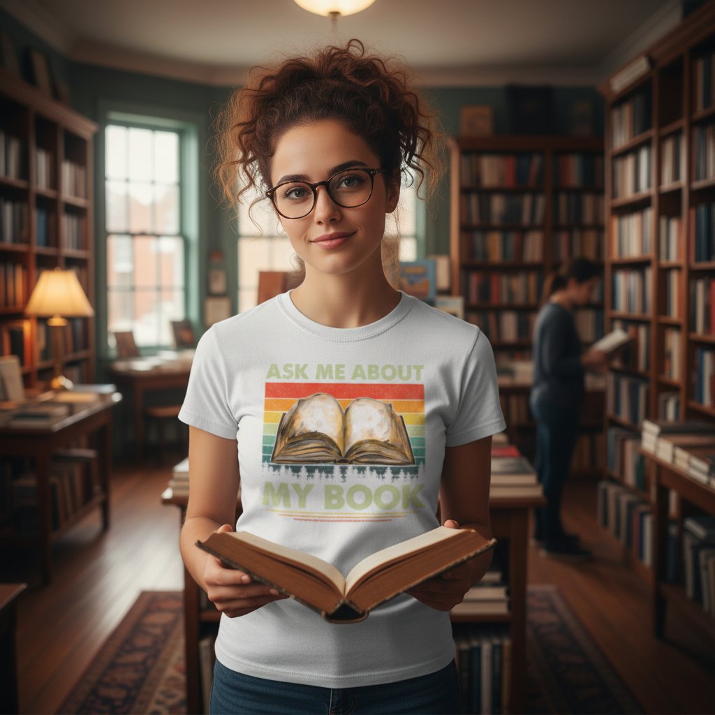 Unisex Tee With Open Book Illustration And Retro Rainbow Stripes Featuring Ask Me About My Book