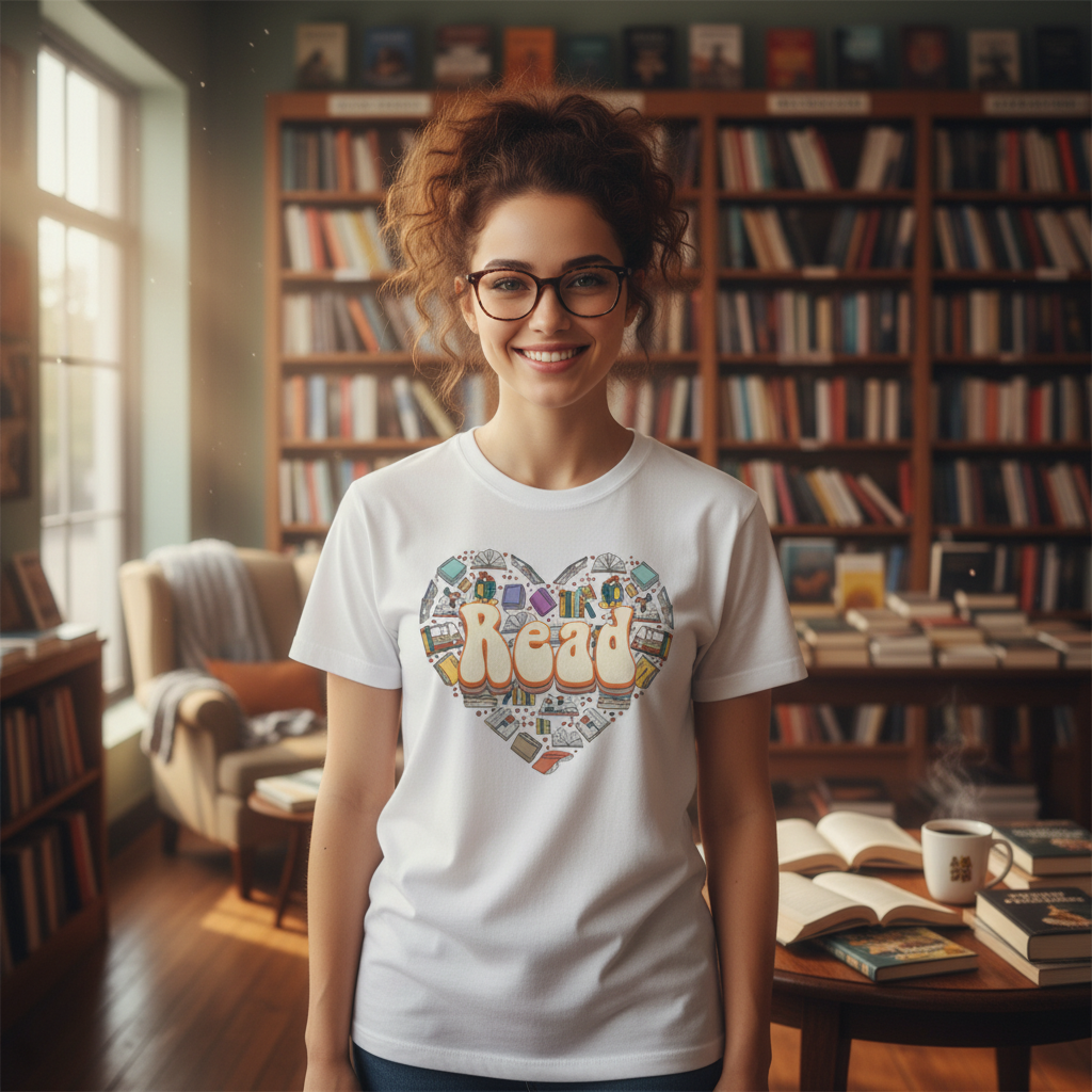 Unisex Read Heart Library Books Graphic T Shirt For Book Lovers And Avid Readers