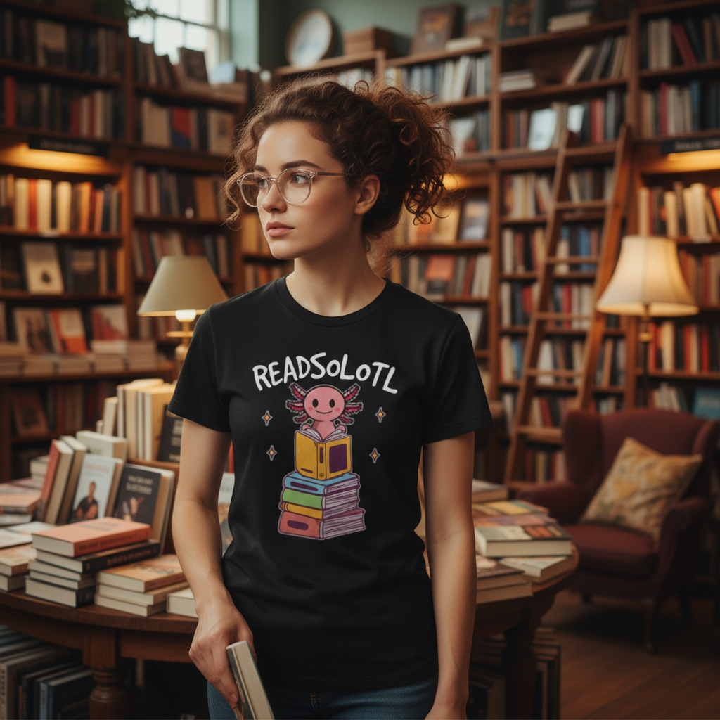 Unisex Graphic T Shirt With Colorful Stack Of Books And Cute Reading Creature Design