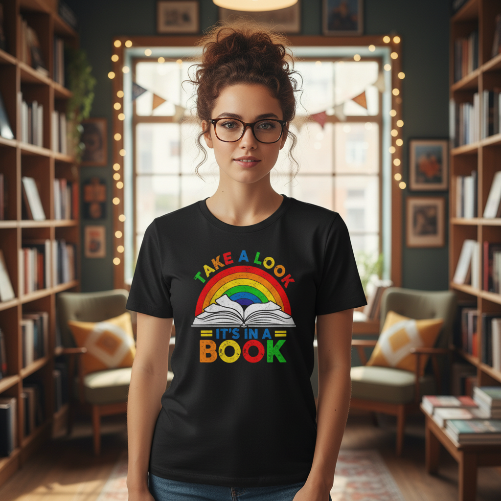 Unisex T Shirt Featuring Rainbow Book Graphic Take A Look Its In A Book Tee Design