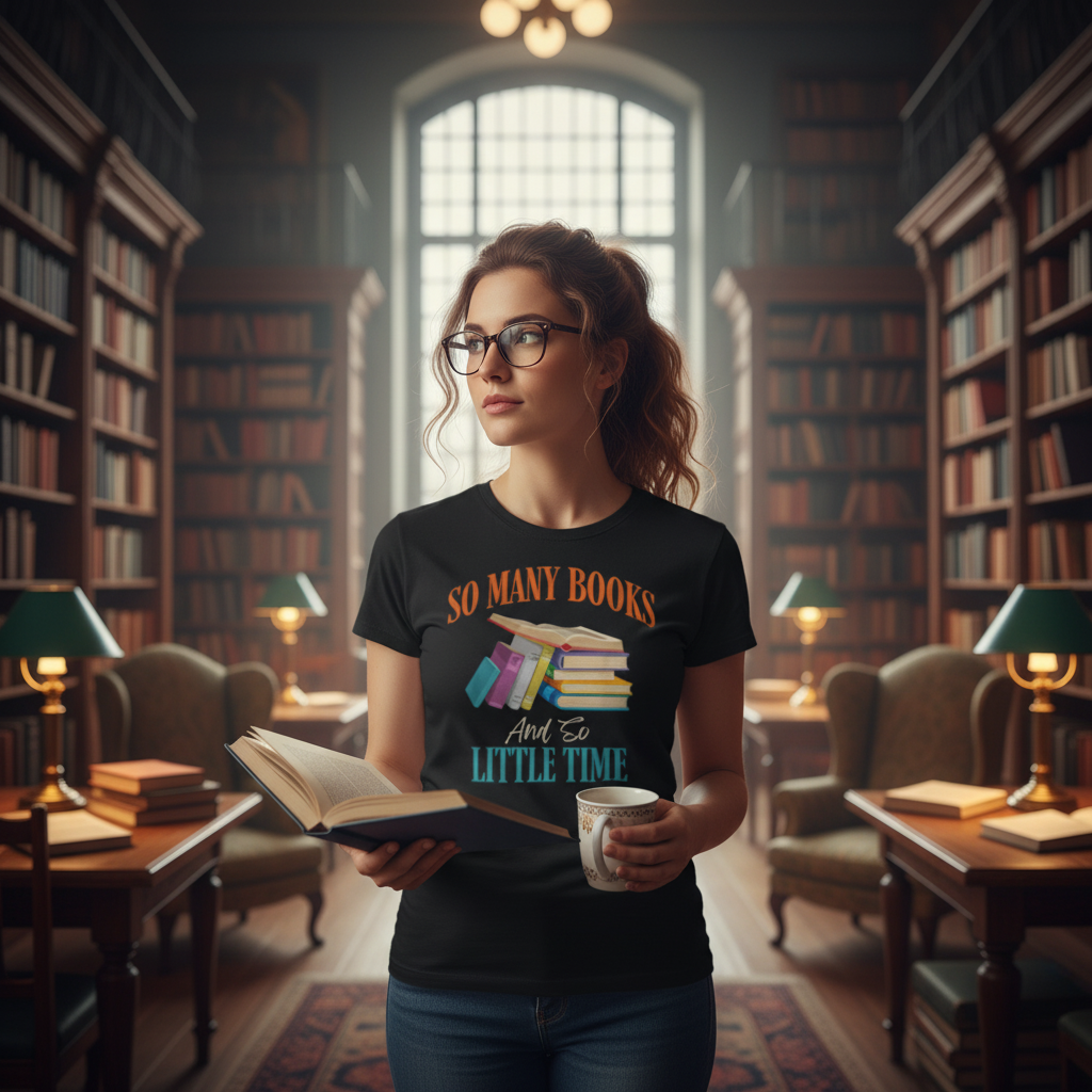 Unisex Graphic T Shirt With Colorful Stack Of Books And The Quote So Many Books And So Little Time