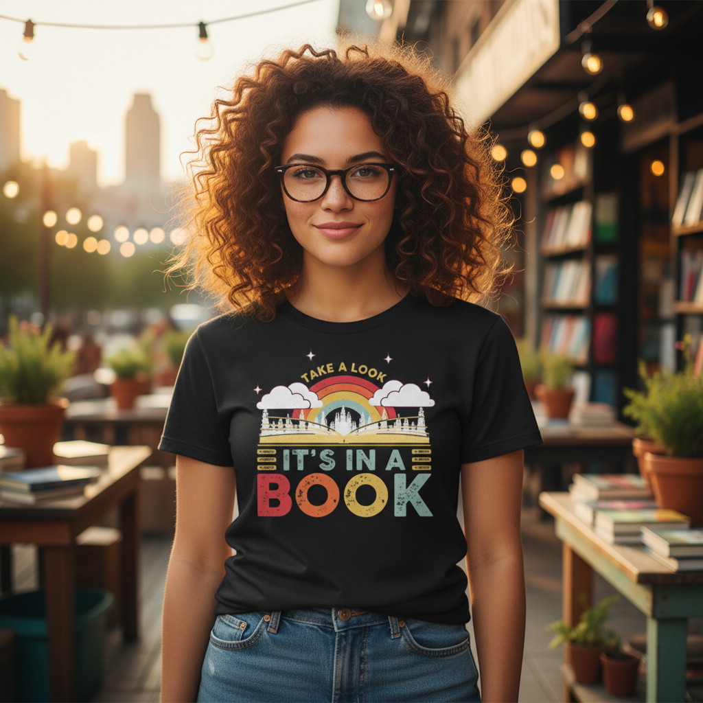 Unisex Graphic Tee With Rainbow Book Design And Take A Look Its In A Book Message For Readers