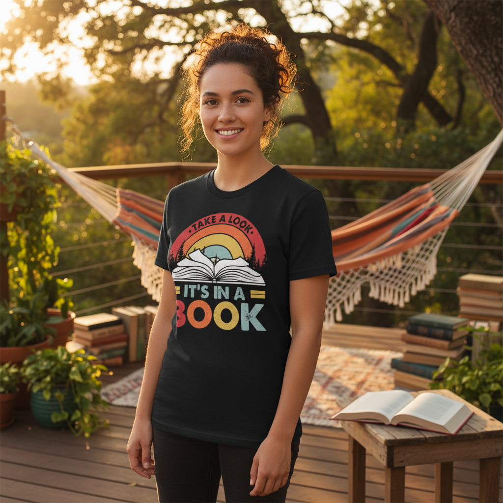 Unisex Graphic T Shirt With Rainbow Arc And Open Book Design Take A Look It's In A Book