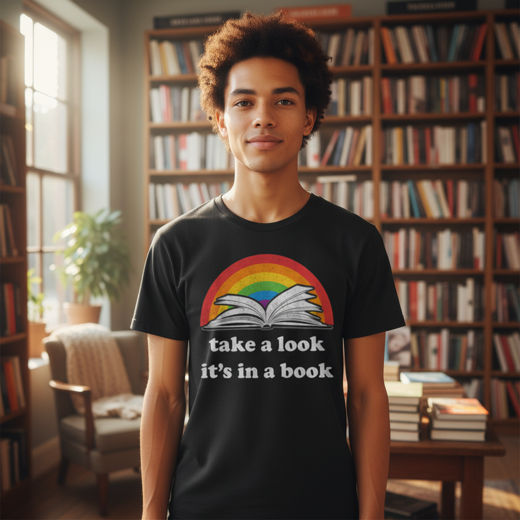 Unisex T Shirt With Rainbow Arc And Open Book Graphic And Take A Look It's In A Book