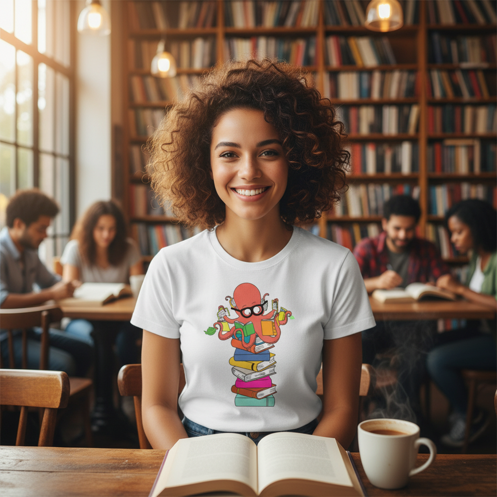 Unisex Graphic T Shirt Featuring a Colorful Octopus Reading a Tower of Books for Book Lovers