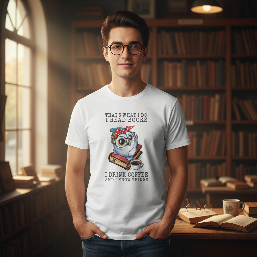 Unisex Graphic Tee With Owl Reading Books And Coffee Quote Design For Book Lovers