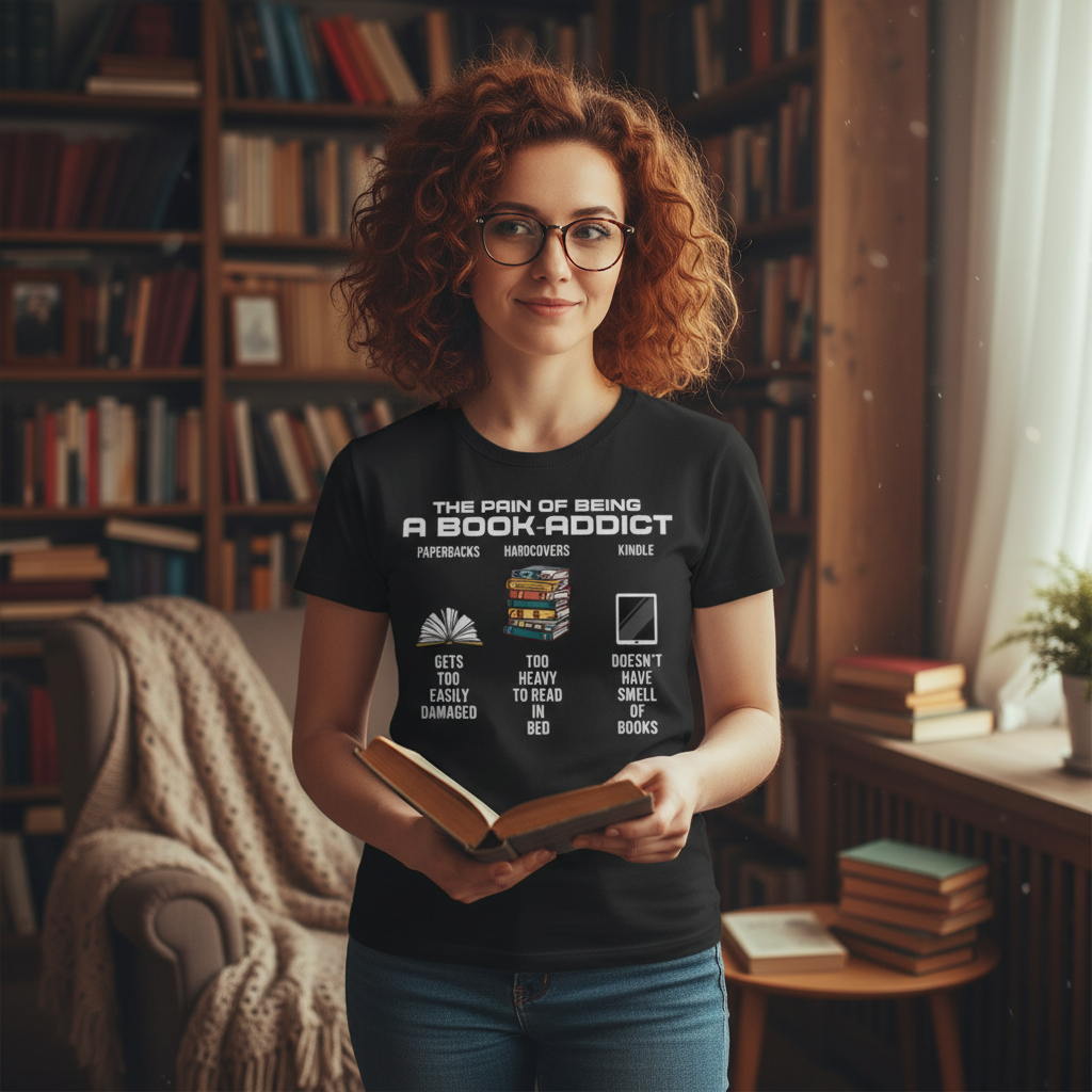 The Pain of Being a Book Addict Graphic Tee With Paperbacks, Hardcovers and Kindle Icons