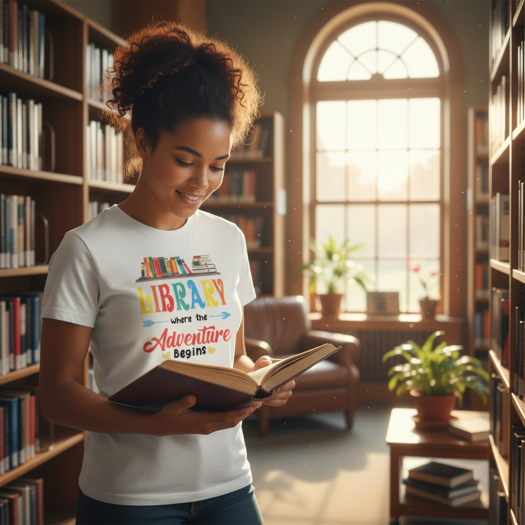 Library Adventure Begins Graphic Tee For Book Lovers Unisex Short Sleeve Shirt With Colorful Print