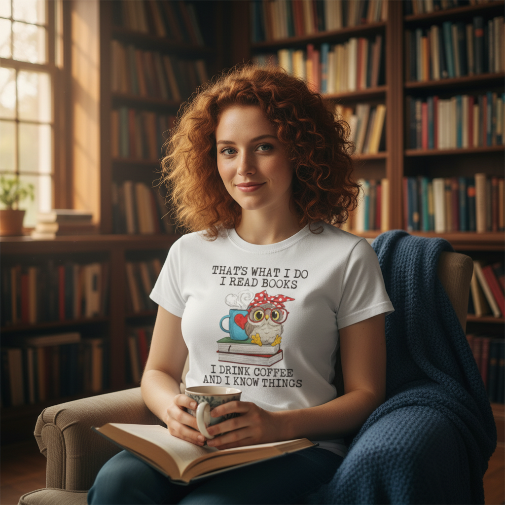 Unisex Graphic Tee With Owl Reading And Coffee Quote That's What I Do I Read Books I Drink Coffee And I Know Things