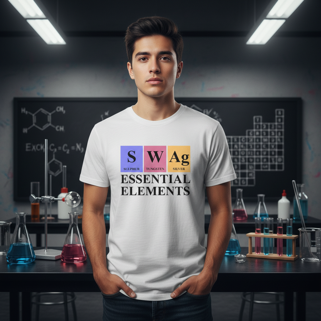 Essential Elements Graphic T Shirt With Periodic Table Inspired Sulphur Tungsten And Silver Symbols