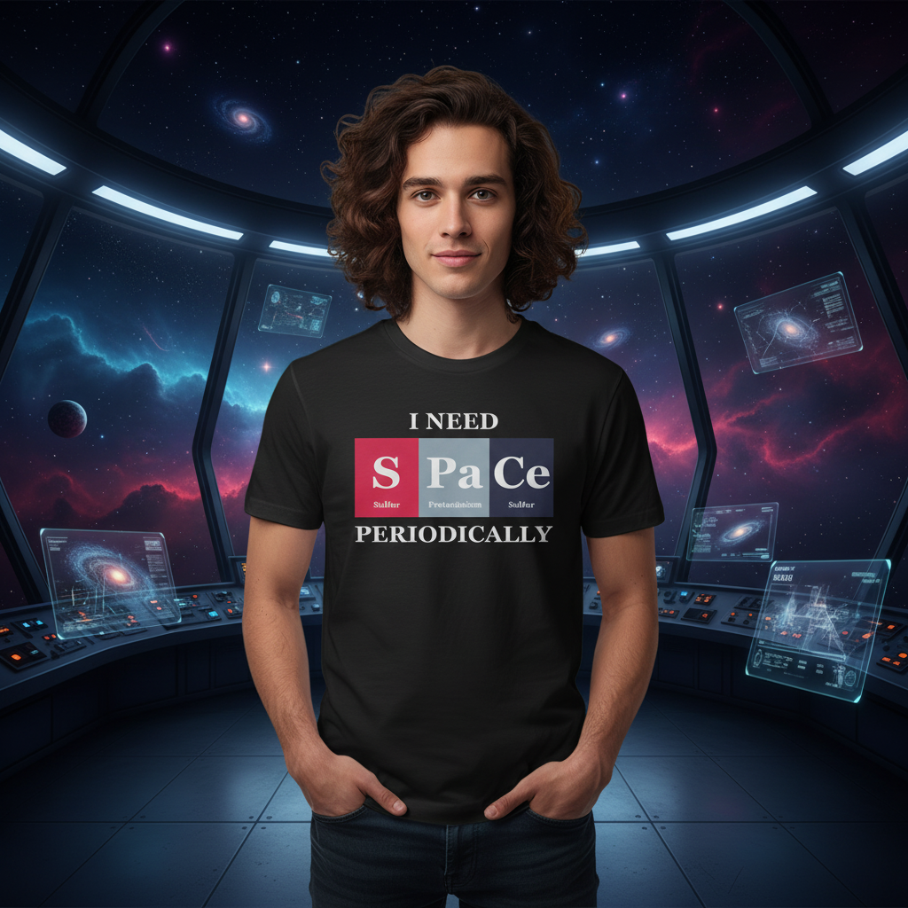 Science Themed Unisex T Shirt With Periodic Table Design And Space Word Play Art