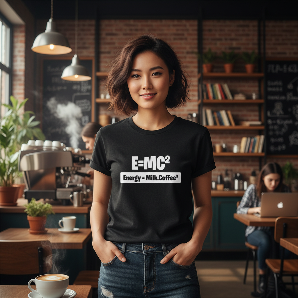 Unisex Science T-Shirt With Energy Equals Milk Coffee Parody Graphic Print For Science Enthusiasts And Students