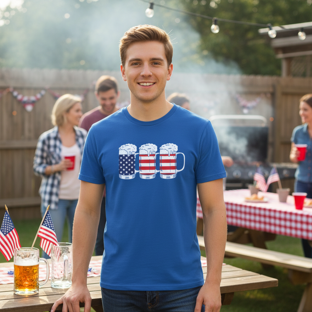 Unisex T Shirt With American Flag Beer Mug Graphic Design Featuring Stars And Stripes Theme