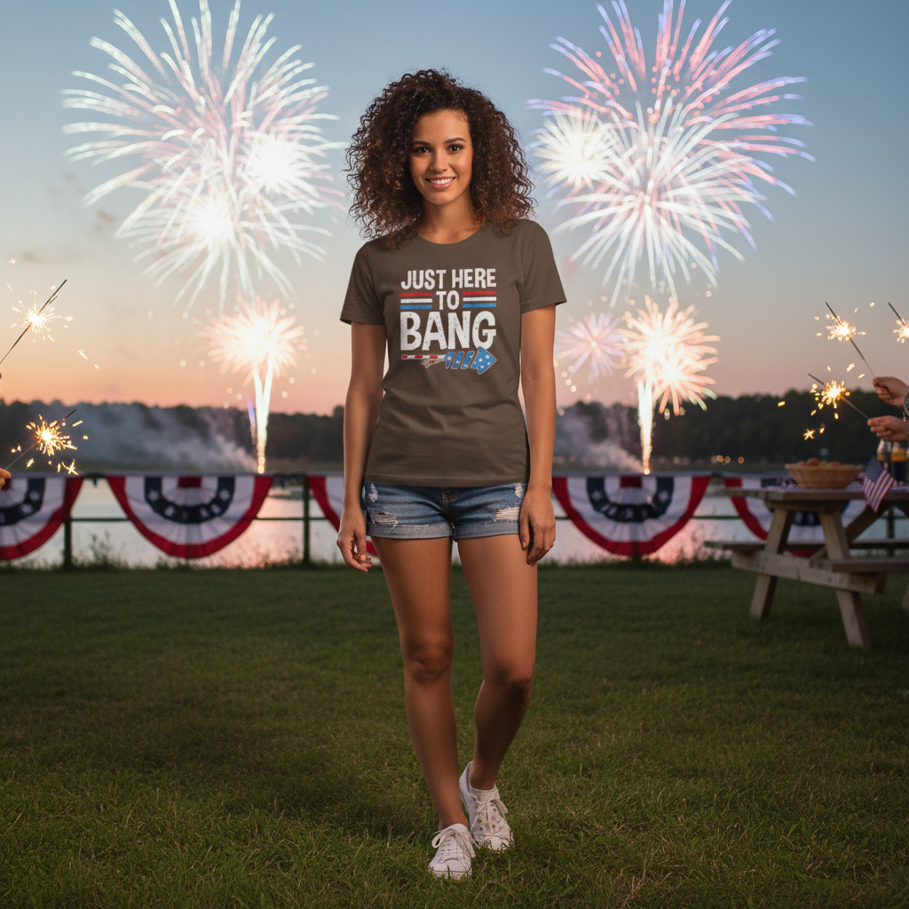 Just Here To Bang Graphic Tee With Red And Blue Stripes And Star Arrow Design For Everyday Wear